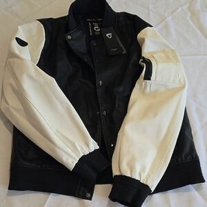 Black and White Bomber Jacket with Quilted Body and Contrasting Sleeves